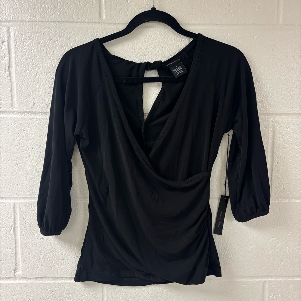 BCBGMAXAZRIA Black Ruched Wrap Style Top 3/4 Sleeve Size Small NWT
